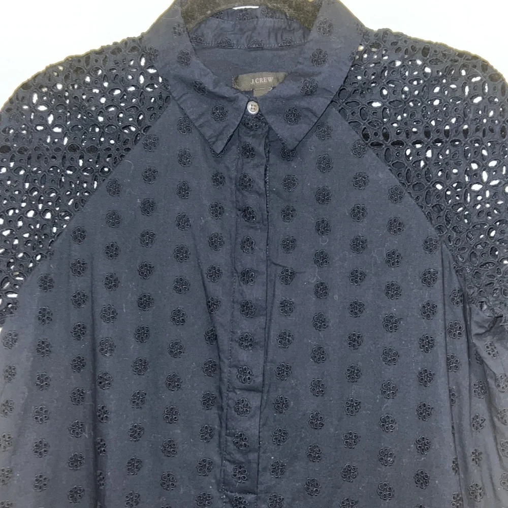 J. Crew Cotton Eyelet Dress w/Collar and Hidden Button Placket Size 4P Navy - Picture 6 of 14